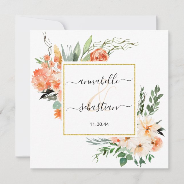 *~* AR21 QR OSA Guld Glitter Flowers BRÖLLOP Inbjudningar (Framsida)