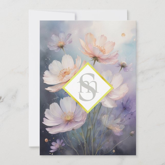 * AR26 Cosmos Flowers Monogram QR OSA Bröllop Inbjudningar (Framsida)