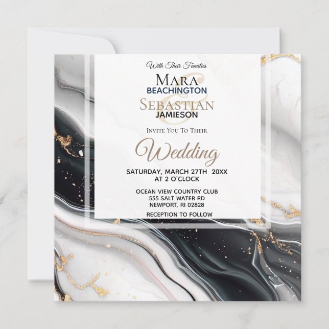 *~* AR66 OSA White Black Guld Agate QR Bröllop Inbjudningar (Framsida)