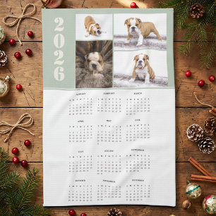 År 2026 Kalender Hund Husdjur 4 Foto Collage Kökshandduk