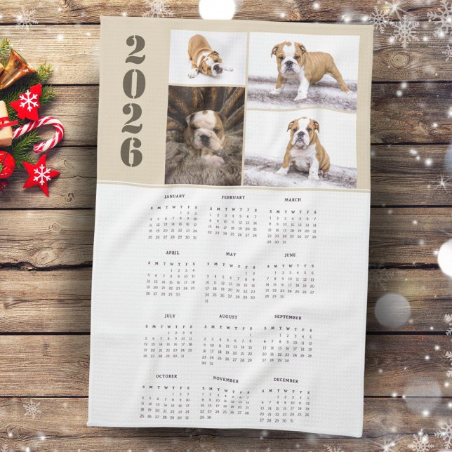 År 2026 Kalender Hund Pet 4 Fotokollage Kökshandduk (Skapare uppladdad)