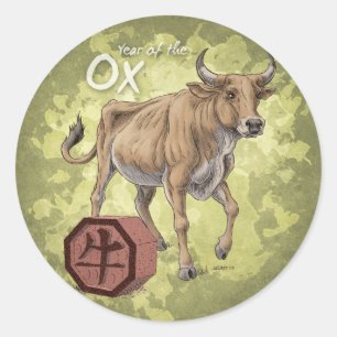 År av den kinesiska Zodiackonsten för oxe Runt Klistermärke