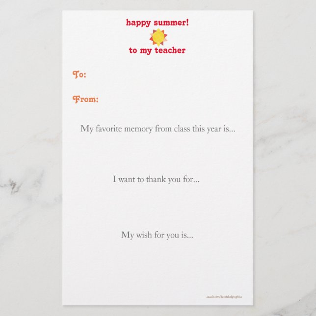 År-avsluta läraretackkortet - solsken brevpapper (Framsida)