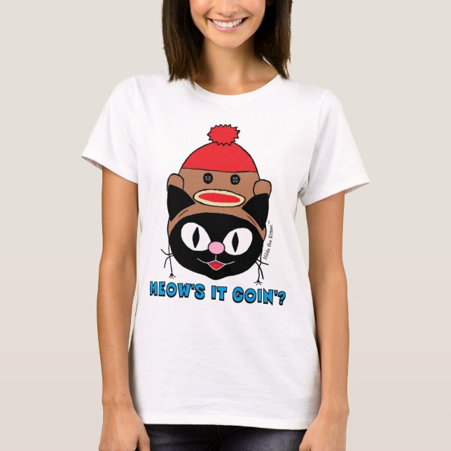 ÄR det okej? Svart katt med Sock monkey T Shirt (Framsida)