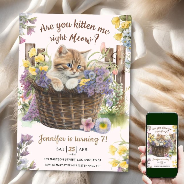 Är Du Kattar Mig Blommig Rosa Katt 7-årsdag Inbjudningar (Skapare uppladdad)