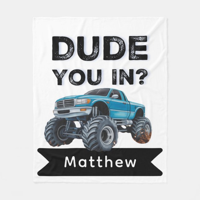 Är du med? Black Text Lastbil Boy Födelsedagsfest Fleecefilt (Framsidan)