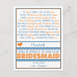 Är du min Bridesmaid? Dikt Tunga blått/Orange Inbjudningar