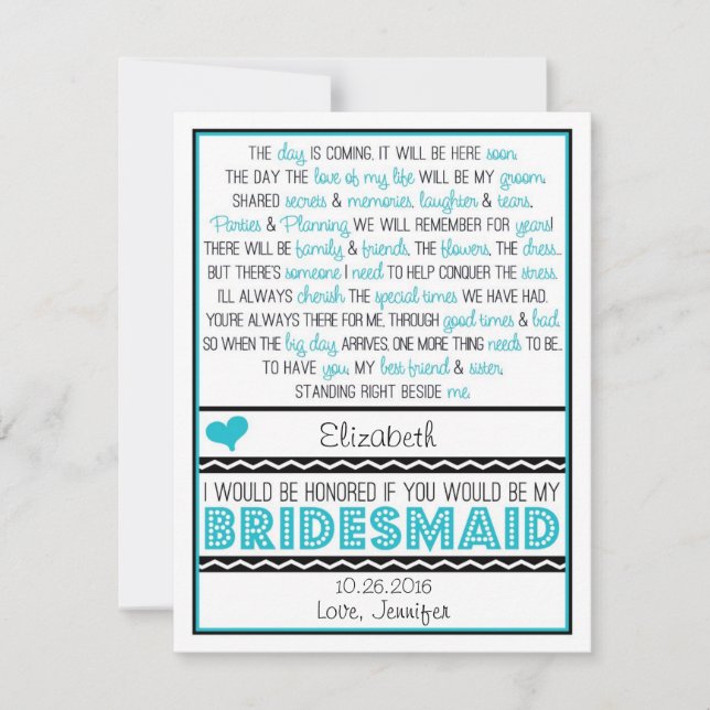 Är du min Bridesmaid? Turkos/svart Dikt Inbjudningar (Framsida)