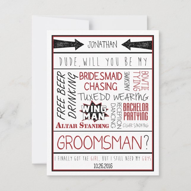 Är du min Groomsman? Röd/svart kollage Inbjudningar (Framsida)