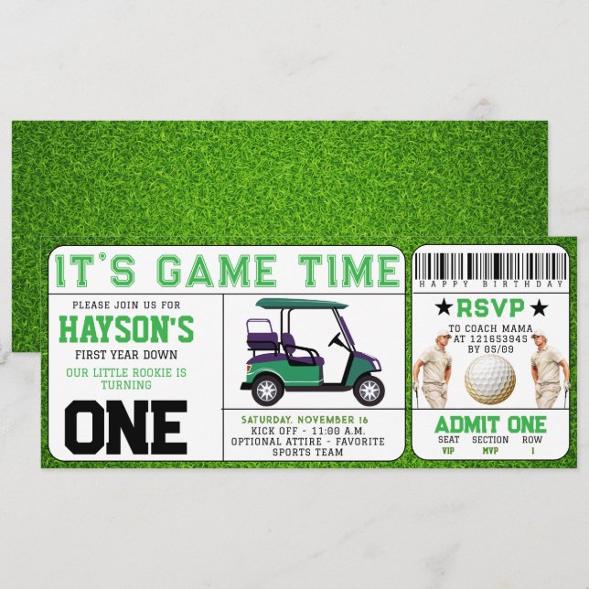 År efter Golf Biljett 1:a födelsedag Inbjudningar (Fram/baksida)