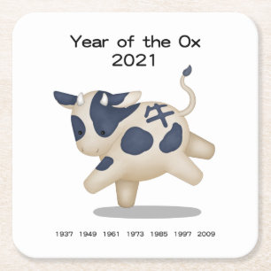 År för Ox Cute Zodiac Animal 2021 Underlägg Papper Kvadrat