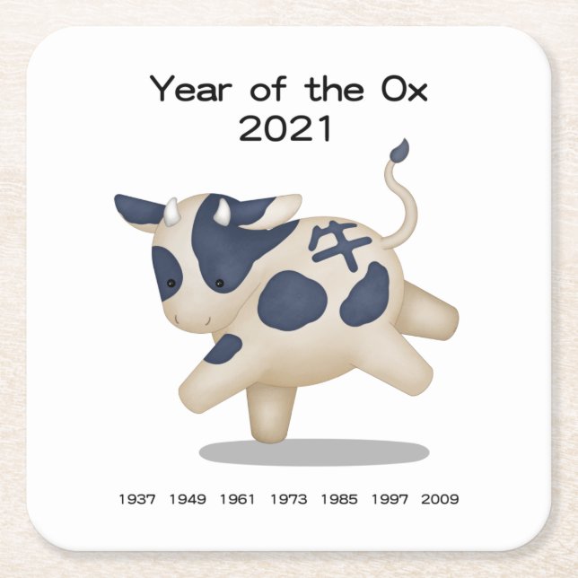 År för Ox Cute Zodiac Animal 2021 Underlägg Papper Kvadrat (Framsidan)