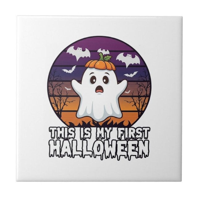Är Första Halloween Spökskalle Pumpa Hatt Fladderm Kakelplatta (Framsidan)