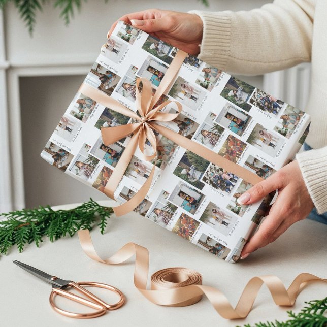 År i Moments 8-familjens fotosamling och bildtexte Presentpapper (Year in Moments 8 Family Photo Collage & Captions Wrapping Paper)