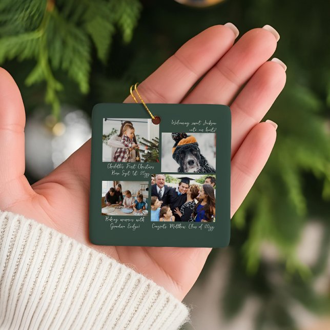 År i Moments-familjens fotosamling och bildtexter Julgransprydnad Keramik (Year in Moments Family Photo Collage & Captions  Green Ceramic Ornament)