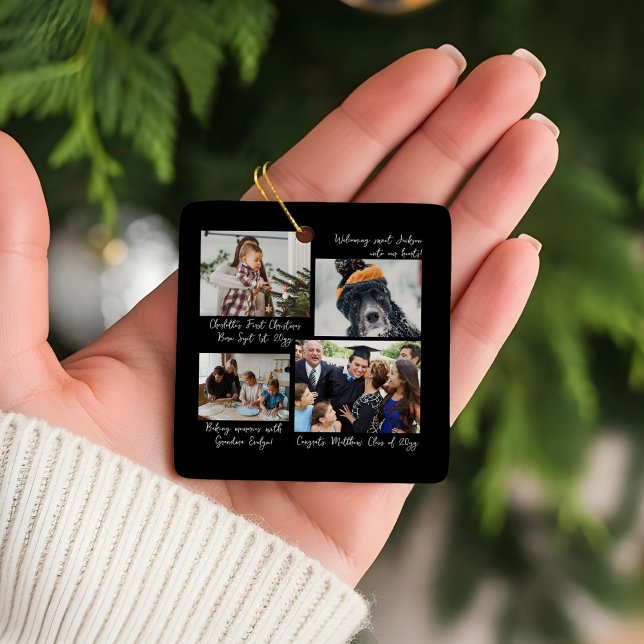 År i Moments-familjens fotosamling och bildtexter Julgransprydnad Keramik (Year in Moments Family Photo Collage & Captions Black Ceramic Ornament)