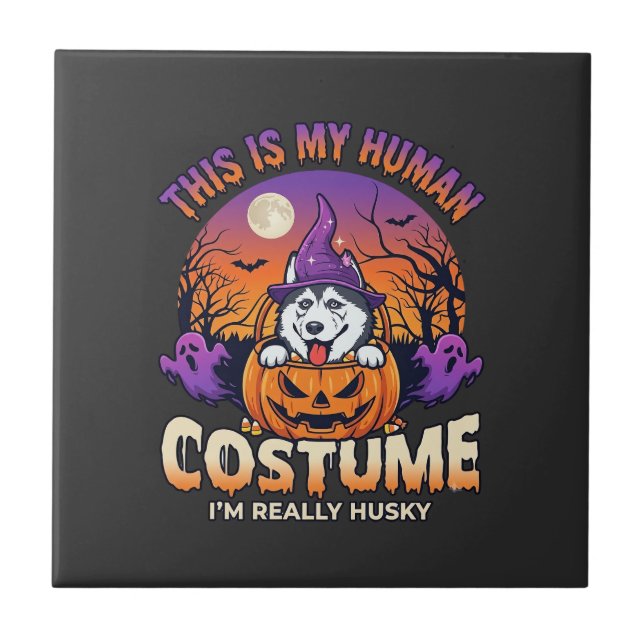 Är Mänsklig Kostym Husky Pumpa Halloween Spöken_1 Kakelplatta (Framsidan)