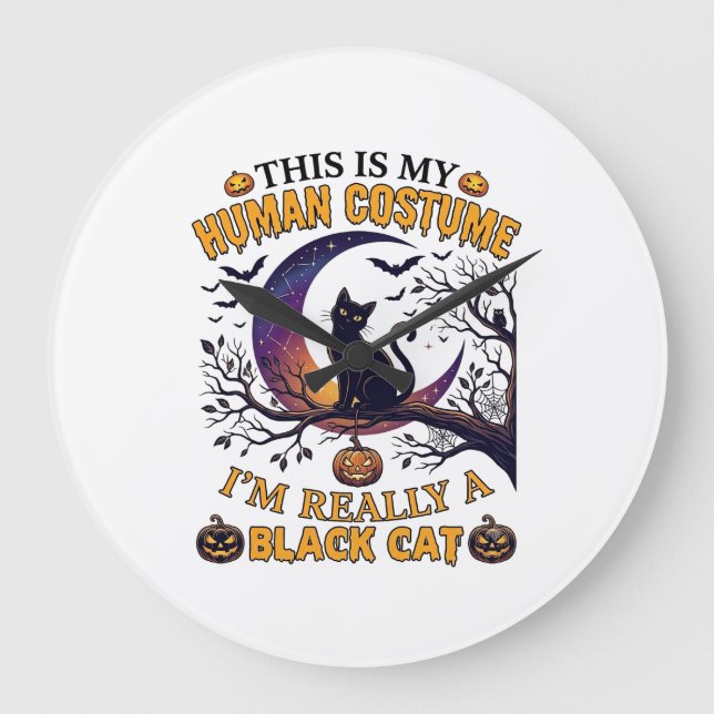 Är Mänsklig Kostym Svart Katt Halloween Måne_1 Stor Klocka (Framsida)