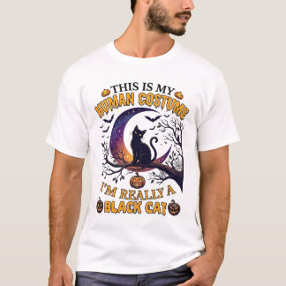 Är Mänsklig Kostym Svart Katt Halloween Måne_1 T Shirt