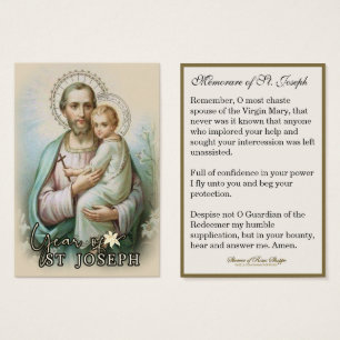 År St. Joseph Memorare Prayer katolska Visitkort