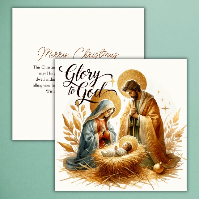 Ära åt Gud Jul Guld Religiös Jul Julkort (Glory to God Nativity Scene Christmas Card • Gold Halo Art )