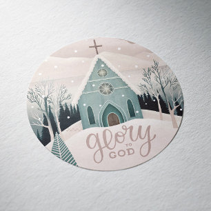Ära åt Gud Religiös jul vintrig kyrka Runt Klistermärke