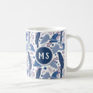 Ara Papegoja Blå Tropisk Bladmönster Monogram Kaffemugg