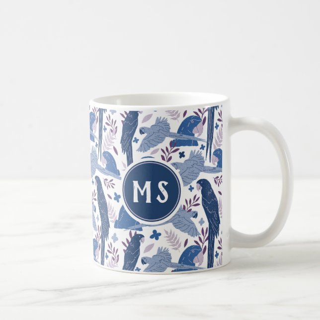 Ara Papegoja Blå Tropisk Bladmönster Monogram Kaffemugg (Höger)