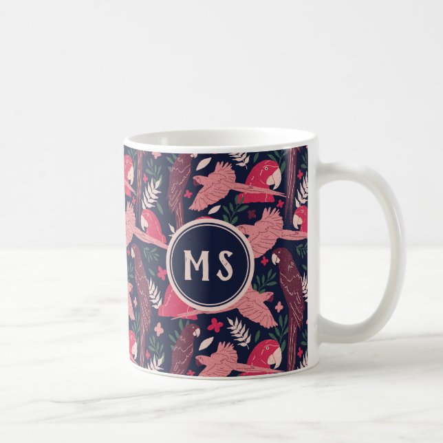 Ara papegoja röd rosa tropisk blad mönster monogra kaffemugg (Höger)