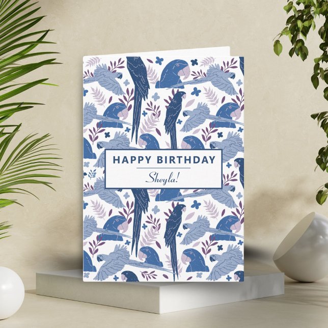 Ara Parrot Blue Tropical Lämna Mönster Birthday Kort (Skapare uppladdad)