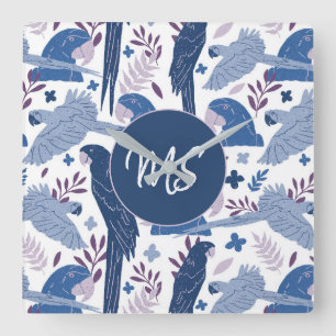 Ara Parrot Blue Tropical Lämna Mönster Monogram Fyrkantig Klocka