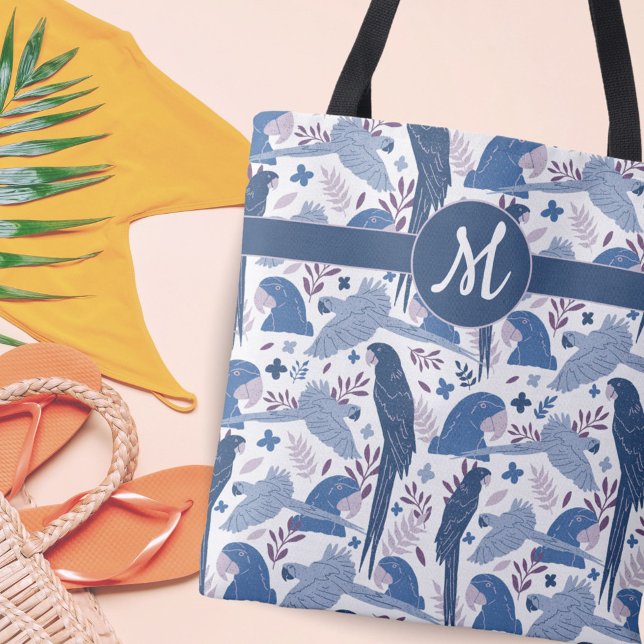 Ara Parrot Blue Tropical Lämna Mönster Monogram Tygkasse (Skapare uppladdad)