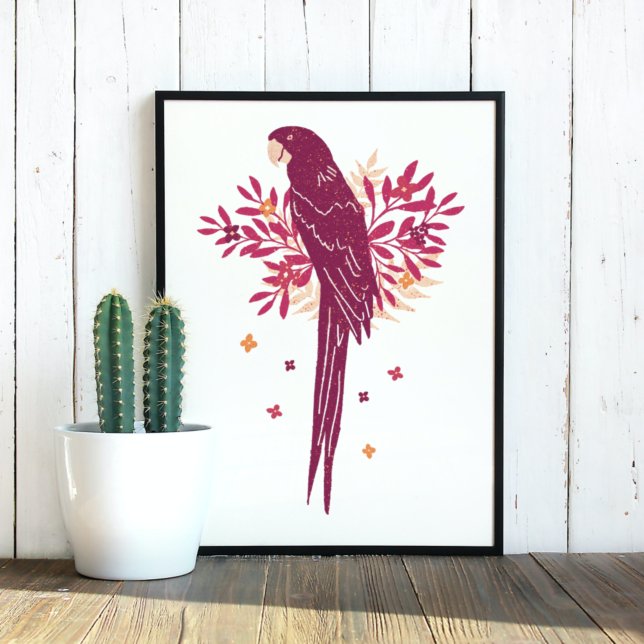 Ara Parrot Burgundy Red Tropical Löv Teckning Poster (Skapare uppladdad)