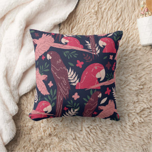Ara Parrot Red Rosa Teckning Tropical Lämna Mönste Kudde