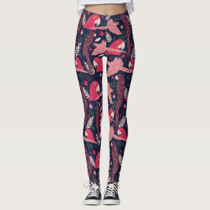 Ara Parrot Red Rosa Teckning Tropical Lämna Mönste Leggings
