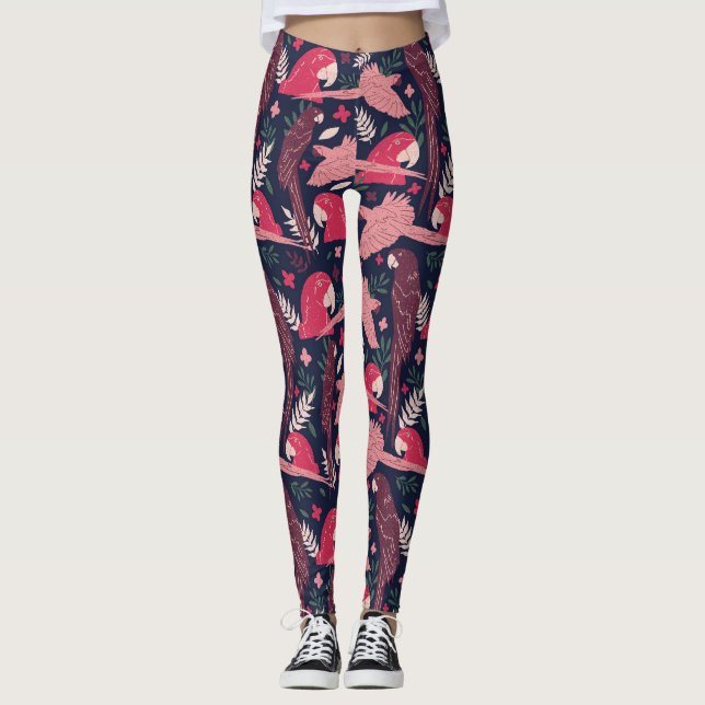 Ara Parrot Red Rosa Teckning Tropical Lämna Mönste Leggings (Framsida)