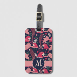 Ara Parrot Red Tropical Lämna Mönster Monogram Bagagebricka
