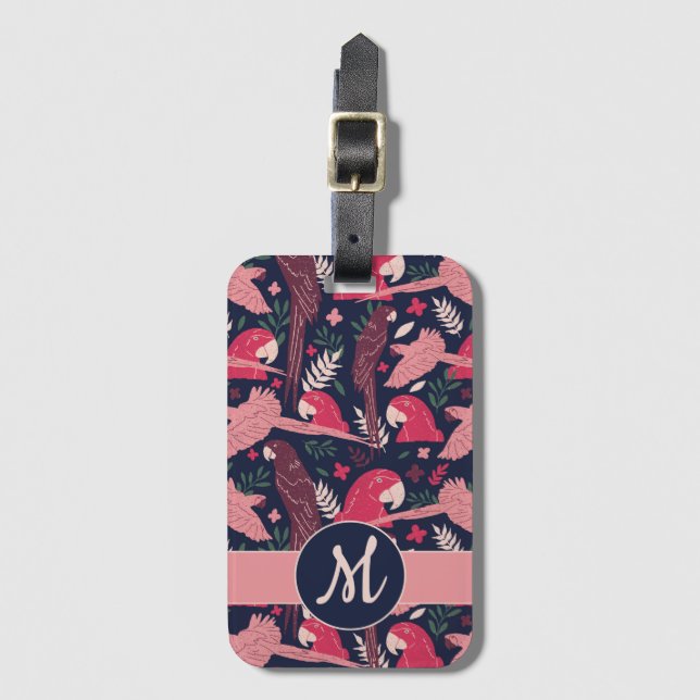 Ara Parrot Red Tropical Lämna Mönster Monogram Bagagebricka (Framsida vertikal)
