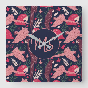 Ara Parrot Red Tropical Lämna Mönster Monogram Fyrkantig Klocka