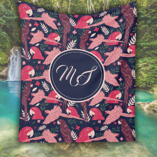 Ara Parrot Teckning Tropical Mönster Monogram Fleecefilt