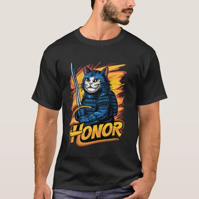 Ära Samuraj Katt Grafik T Shirt (Framsida)