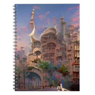 Arabesque fantasybostäder i handflatan träd digita anteckningsbok