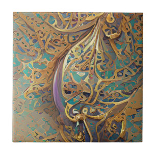 Arabesque guld turkos geometric digital art kakelplatta