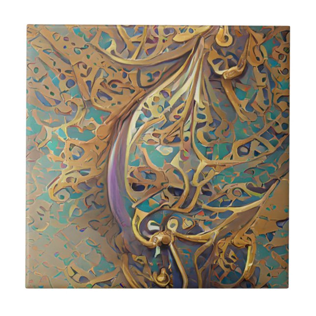 Arabesque guld turkos geometric digital art kakelplatta (Framsidan)