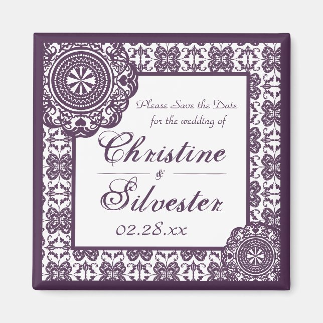 Arabesque Lila Snöre, square save date Magnet (Framsidan)