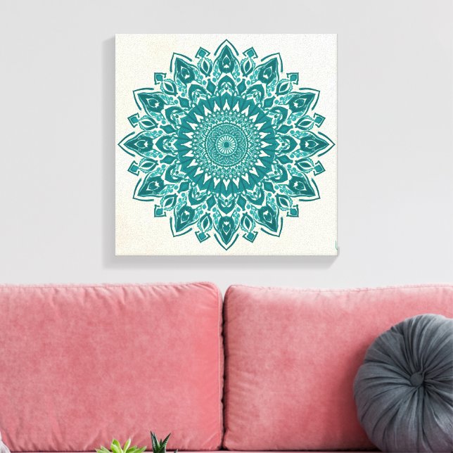 Arabesque Mandala Art - Teal & Turquise Geometric Canvastryck (Insitu (Vardagsrum))