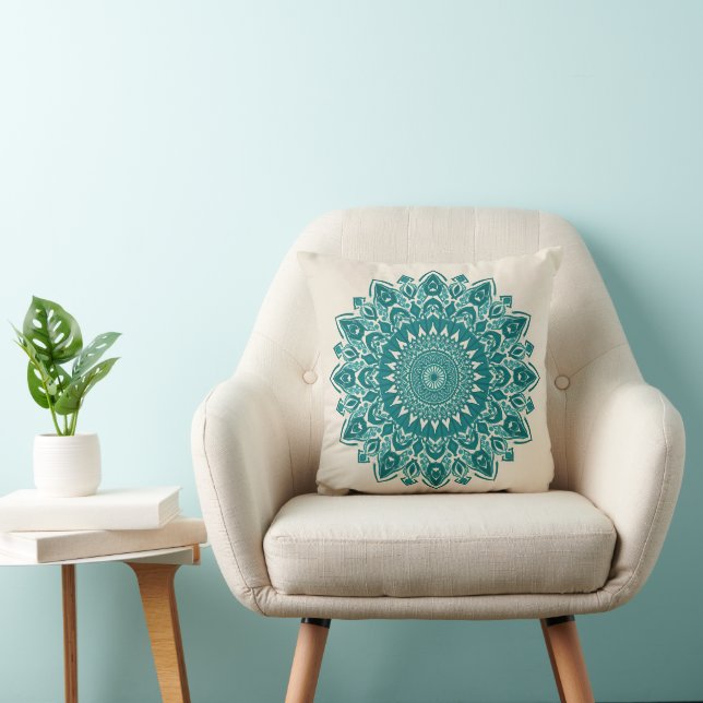 Arabesque Mandala Pillow - Teal Geometric Accent C Kudde (Stol)