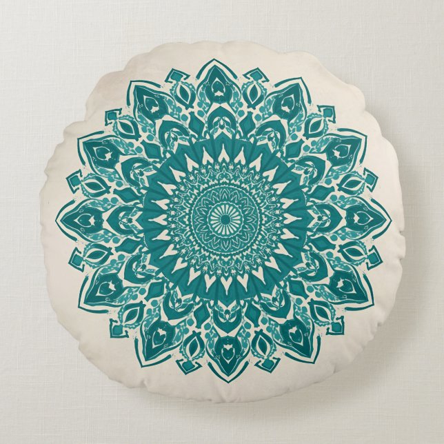 Arabesque Mandala Pillow - Teal Geometric Accent C Rund Kudde (Framsidan)