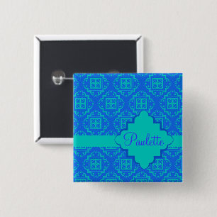 Arabesque Moroccan Blue Turquise Namn Badge Knapp