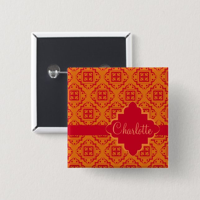 Arabesque Moroccan Orange Red Namn Badge Knapp (Framsida & baksida)